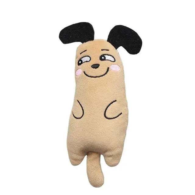 Plush cartoon dog toy with a smiling face, black ears, and a wagging tail. Ideal for cats, durable, catnip-filled, and promotes playful behavior.