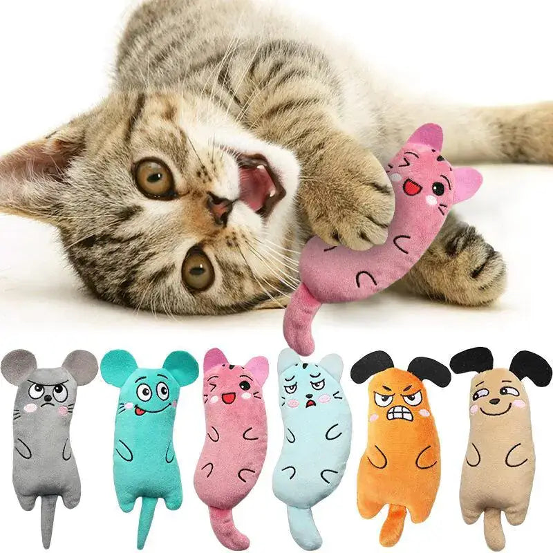 Cute kitten playing with plush cartoon mouse chew toy and other colorful toys, promoting exercise, dental health, and fun with catnip.