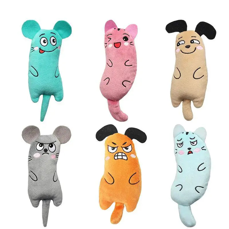 Cute plush cartoon mouse cat chew toys in various colors and expressions, perfect for promoting exercise, dental health, and playful behavior.