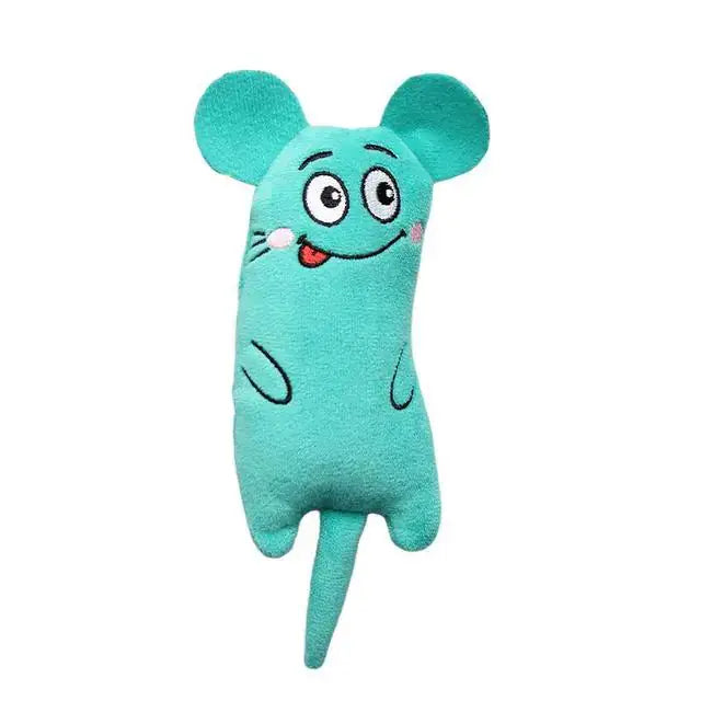 Plush cartoon mouse cat chew toy with teal fabric, wide eyes, and a playful face, perfect for promoting feline exercise and dental health.