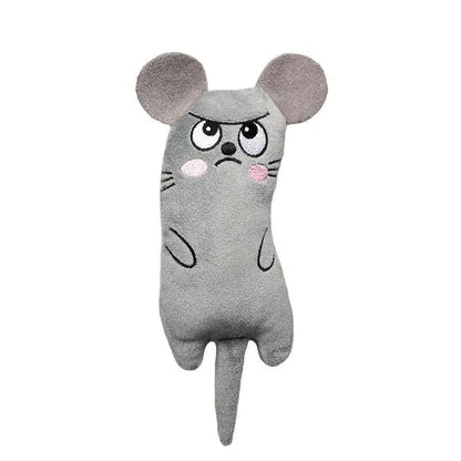 Plush cartoon mouse cat chew toy with catnip, perfect for promoting exercise, dental health, and interactive play, featuring squeaky sounds.